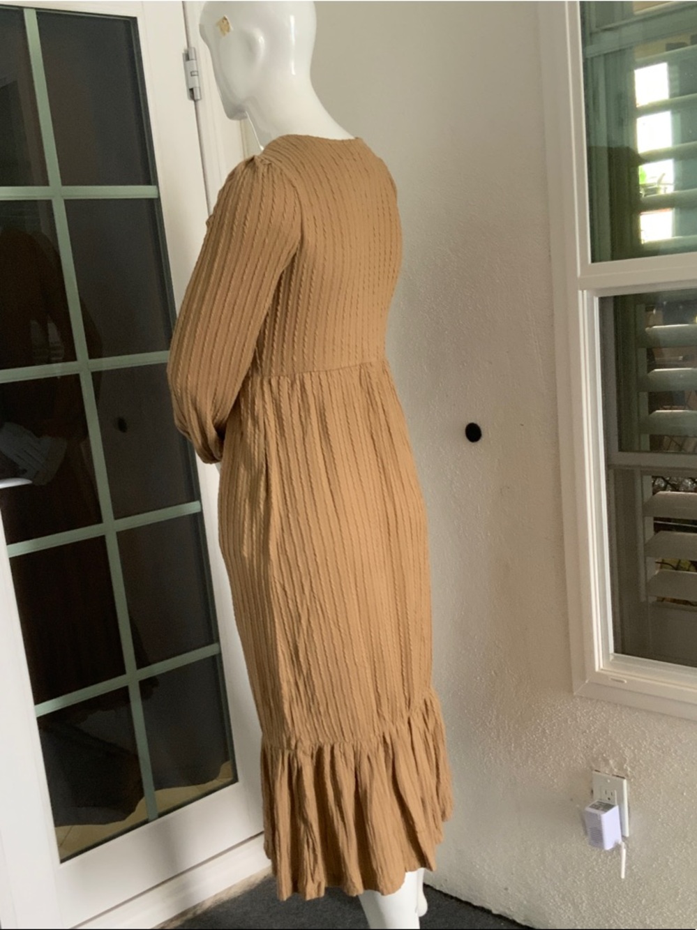 Long Sleeve Tan Textured Midi Dress - Picture 4 of 7